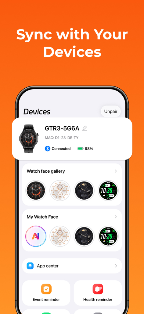 Runmefit - Runmefit app interface showing a connected smartwatch with watch face options and device settings.