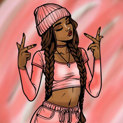 realistic teenage girl with braids and a beanie and crop top doing 🫶🏼