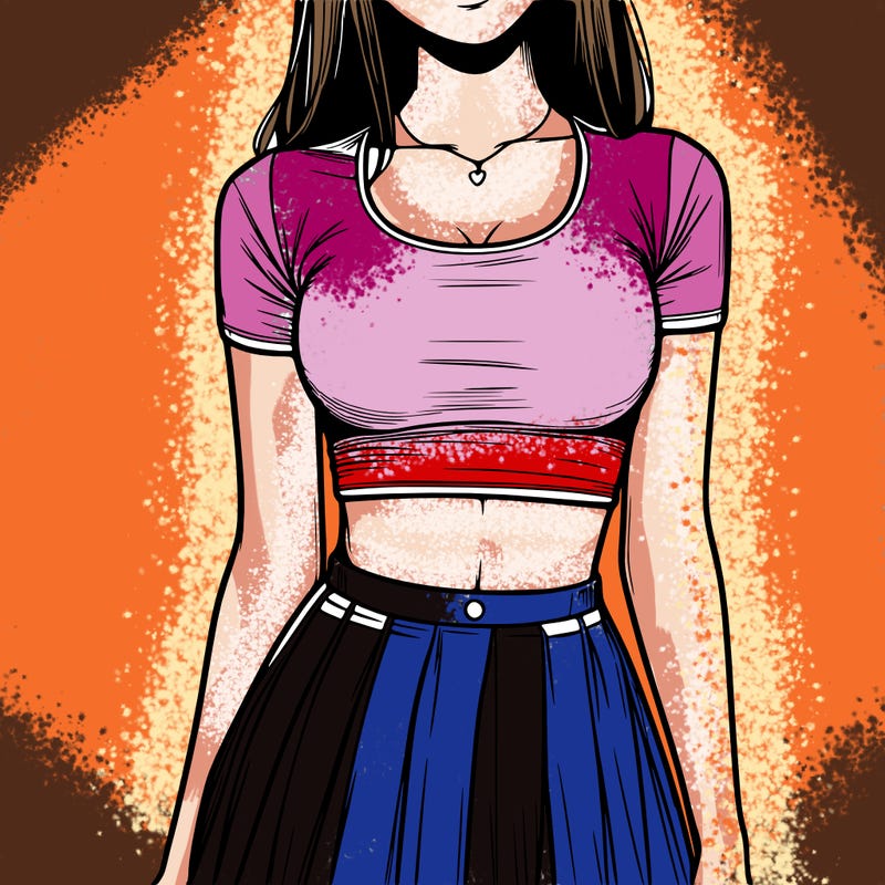 realistic girl wearing crop top and skirt