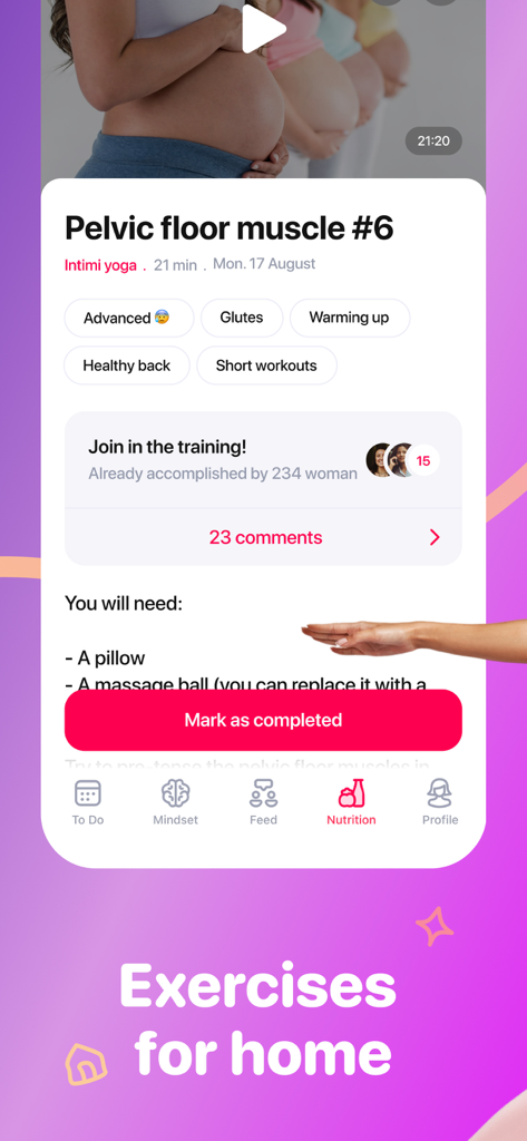 Interface of the MomsLab app displaying a pelvic floor muscle yoga workout session for postpartum recovery at home.