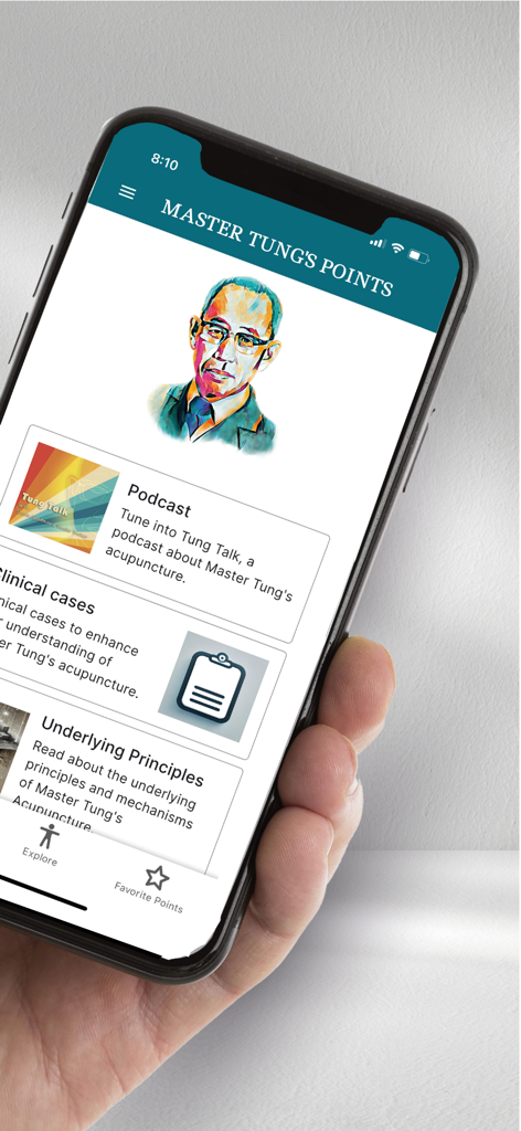 Master Tung's points - The home screen of the Master Tungs points acupuncture app showing podcast and clinical case options.