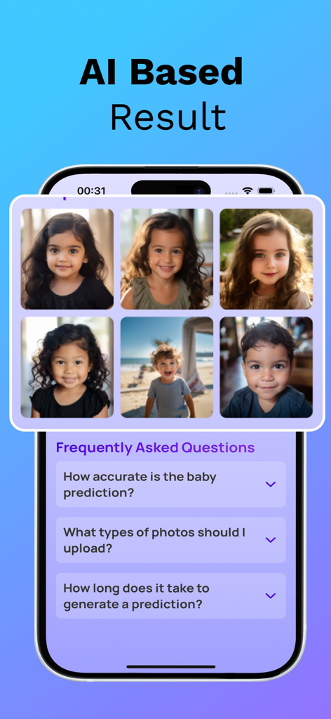 Baby Generator See Future Face - Interface showing AI generated results of future baby faces and a frequently asked questions section