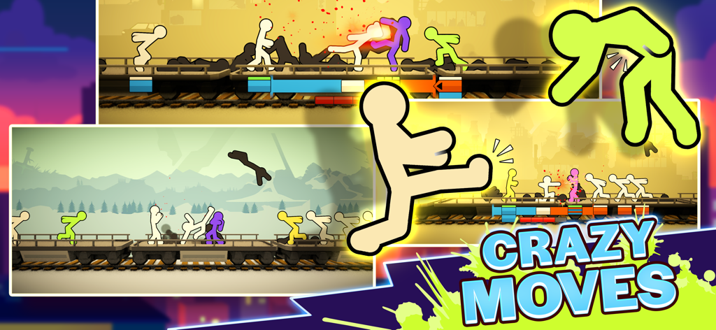 Montage de gameplay bourré d'action montrant des guerriers stickman se battant dans un train avec le texte Crazy Moves