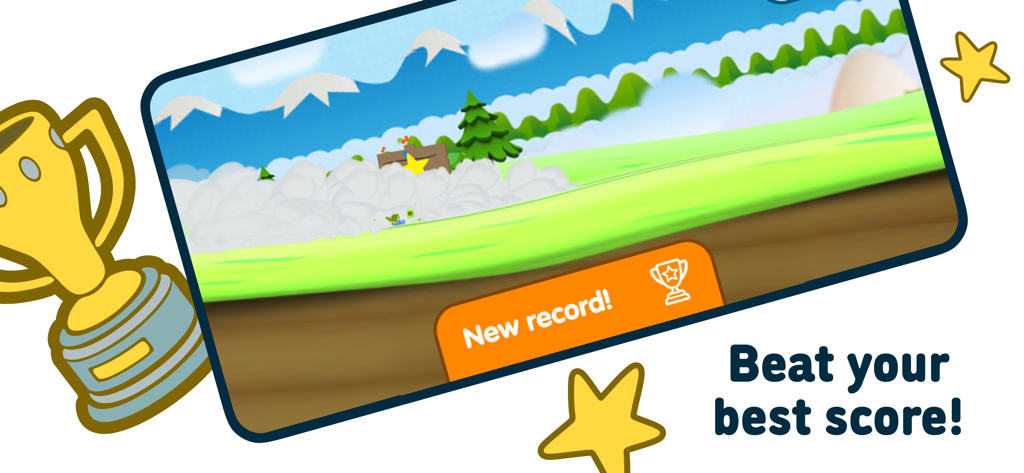 Un écran de jeu de Pocoyo Run and Fun montrant la réussite d'un nouveau record avec un trophée et un paysage coloré en arrière-plan.