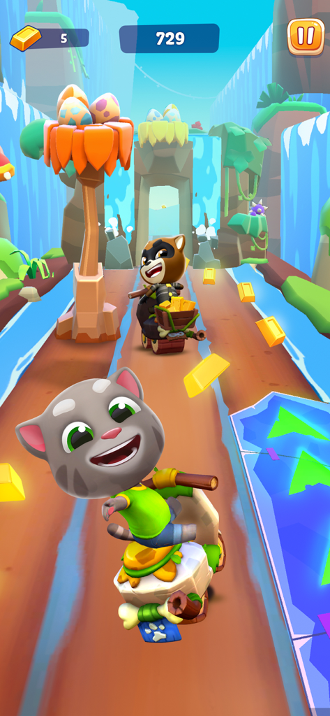 Talking Tom Time Rush - Talking Tom riding a vehicle and chasing a Rakoon through a vibrant waterfall environment while collecting gold bars.