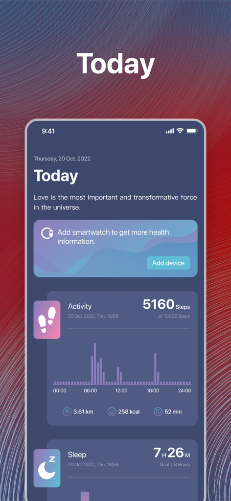 Promate XWatch - Promate XWatch app interface showing the today dashboard with daily step count sleep duration and activity metrics
