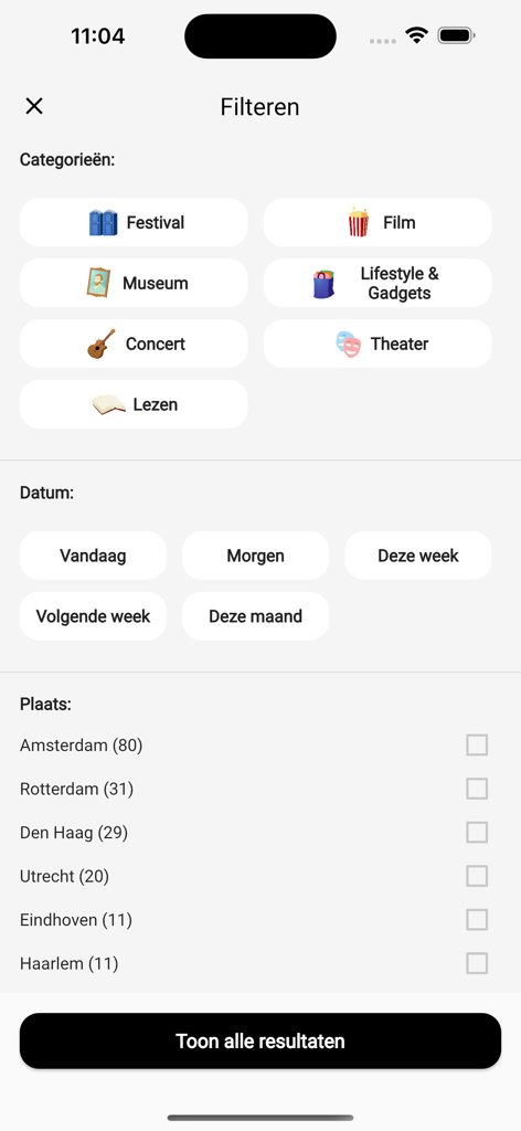 CJP - Pantalla de filtros de búsqueda de la aplicación CJP que muestra categorías como Festival, Película y Museo con opciones de ciudad y fecha.