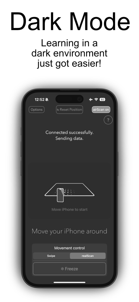 Scanbooster Control sonography - Scanbooster Control medical training app interface in dark mode showing virtual ultrasound probe setup