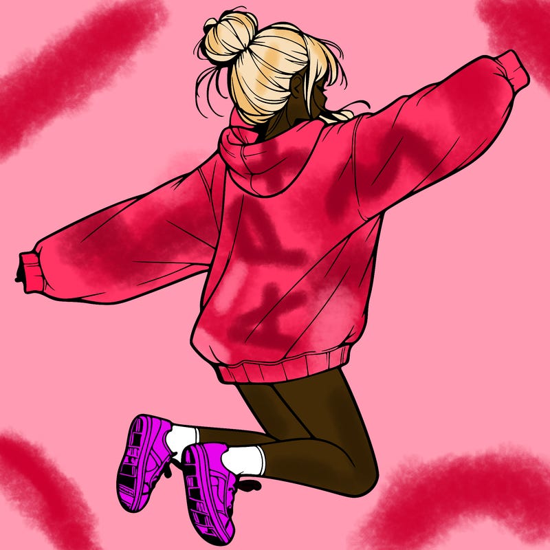 realistic girl jumping with a bun and oversized sweatshirt