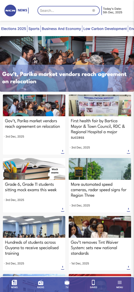 NCN Guyana - NCN Guyana app home screen displaying local news articles categories and bottom navigation bar