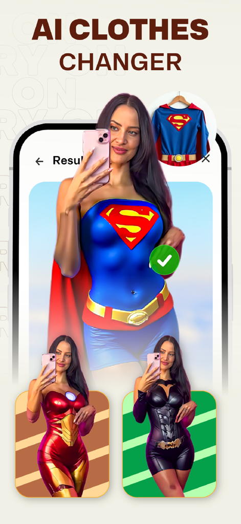 Clothy: AI Clothes Changer - Mujer usando Clothy AI para probarse virtualmente disfraces de superheroínas como Supergirl e Iron Man.