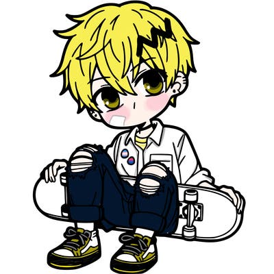 anime boy with short hair, wearing ripped jeans and a button up, holding a skateboard