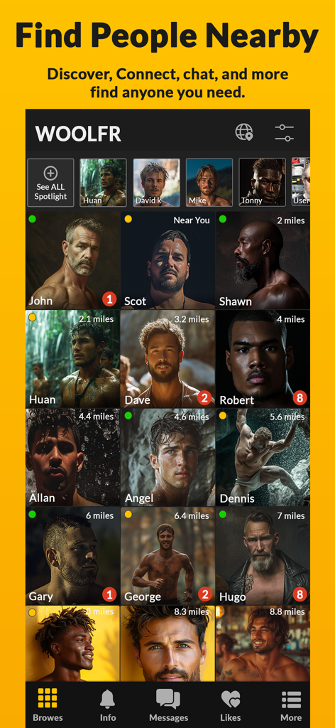 WOOLFR Gay Dating, Chat, Meet - Une grille de profils d'utilisateurs sur l'interface de l'application de rencontres gay WOOLFR avec le titre Trouvez des Gens à Proximité