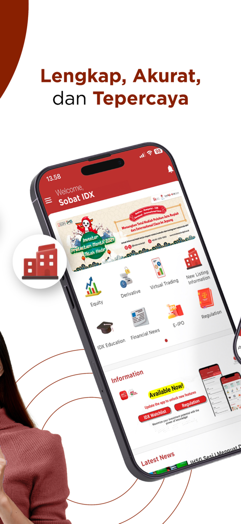 New IDX Mobile app home screen displaying financial menu icons for virtual trading and market news