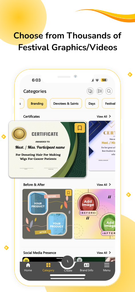 AdBanao: Poster & Video Maker - 証明書やソーシャルメディア向けのグラフィックデザインテンプレートを表示するAdBanaoアプリインターフェース
