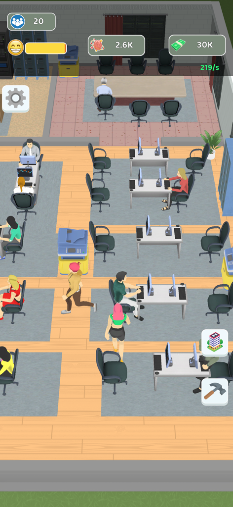 The Office Life 3D - Vista de juego desde arriba de un piso de oficina con empleados trabajando en escritorios en el juego de simulación The Office Life 3D