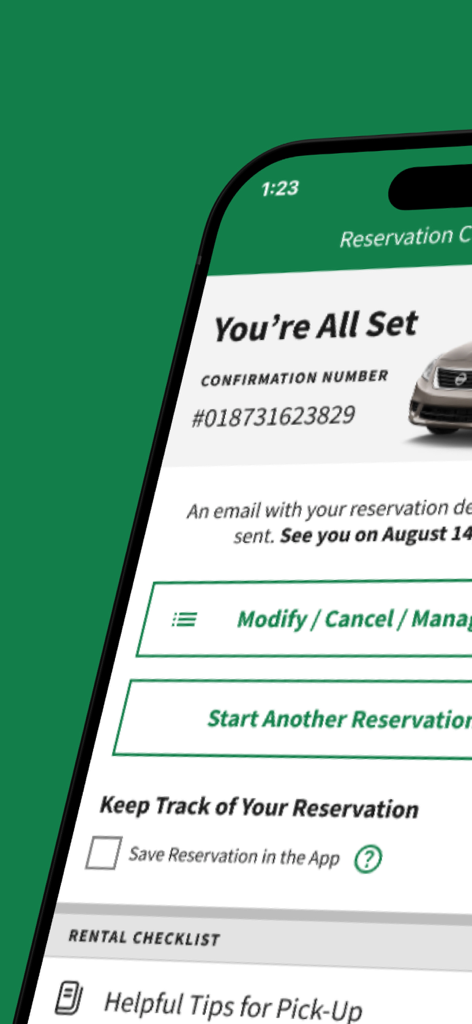 Enterprise Rent-A-Car - Enterprise app screen showing a car rental reservation confirmation and management options