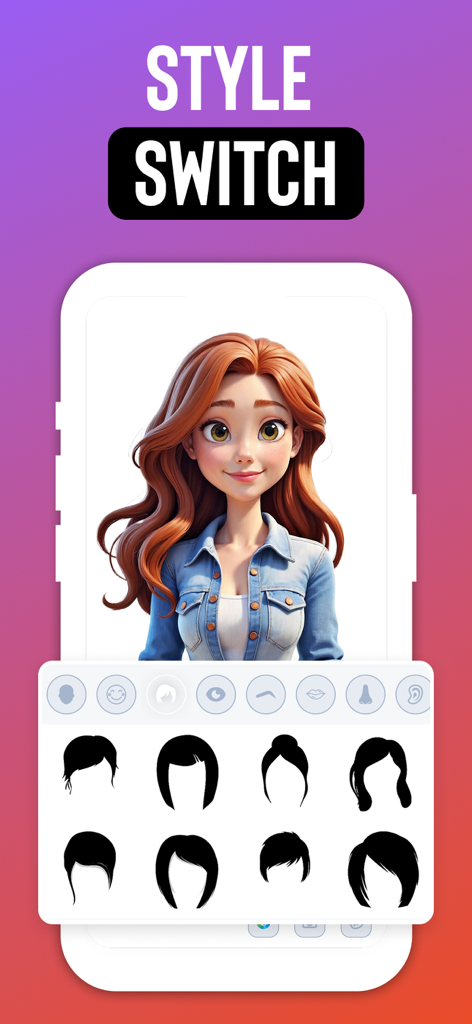 Interfaz de personalización de personajes de caricatura para elegir diferentes peinados