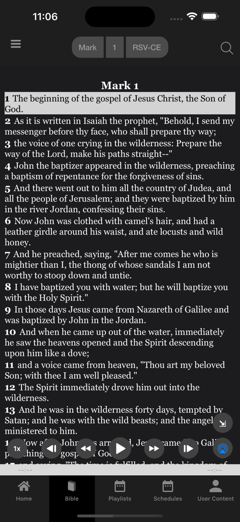 EWTN - EWTN 앱 성경 읽기 프로그램, 마가복음 표시 및 오디오 재생 제어
