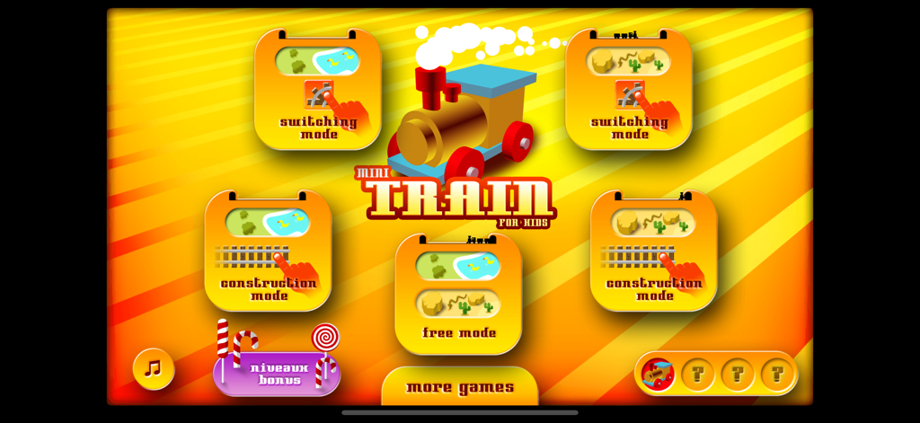 Mini Train for Kids - Main menu of Mini Train for Kids showing game mode selections and a toy train