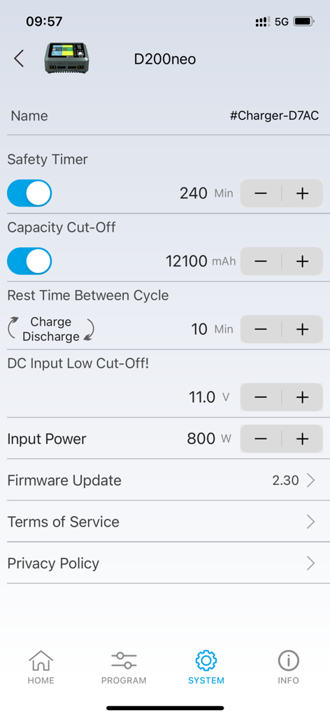 The system settings screen of the SkyCharger app showing battery safety and configuration options.