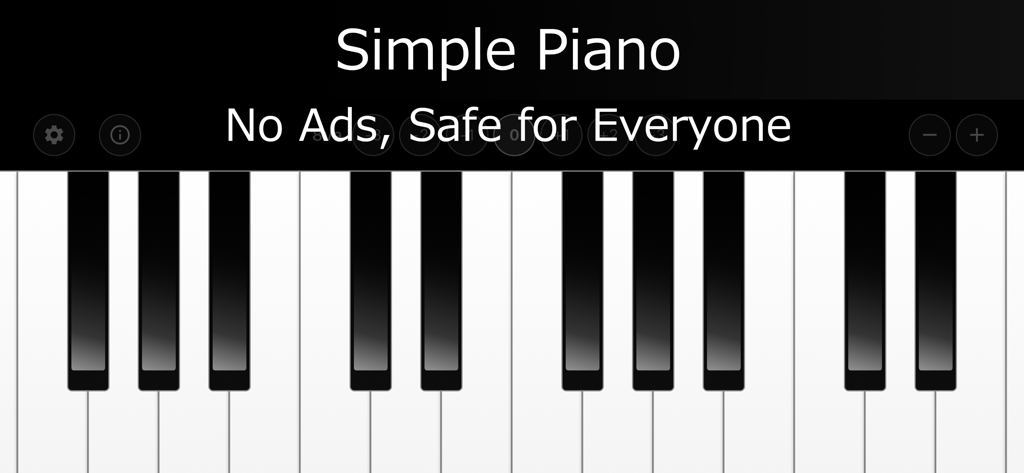Digital piano keyboard with Simple Piano and No Ads Safe for Everyone headings.