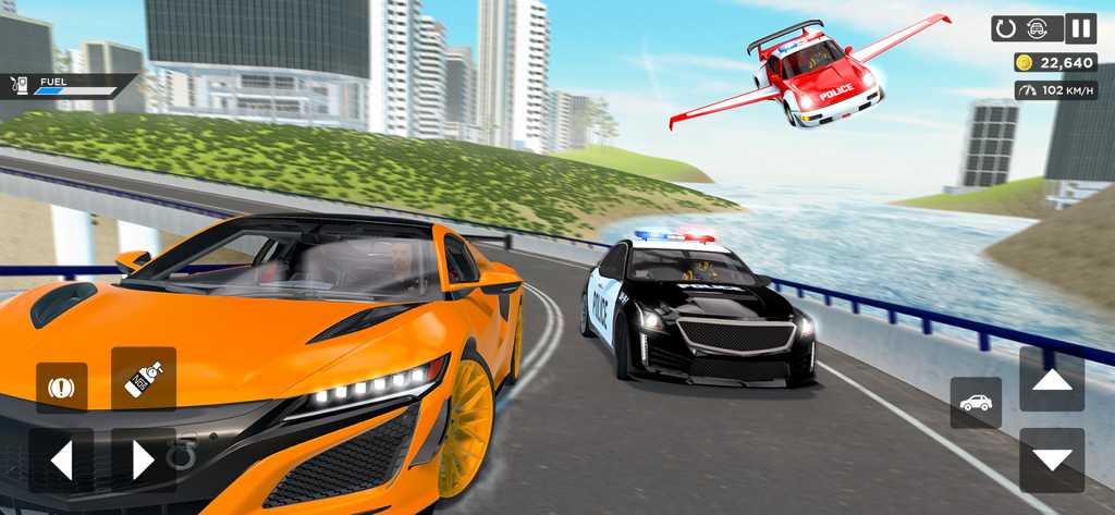 Flying Car Game: Police Games - An orange sports car and a black police car driving on a bridge while a red police car flies above them in a city environment.