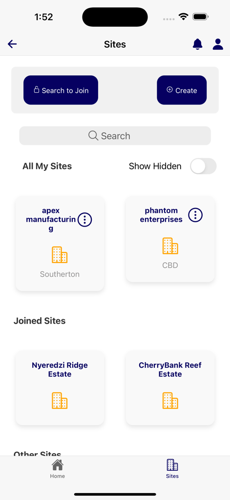 Securiti - Painel do aplicativo Securiti mostrando múltiplos locais de propriedade gerenciados