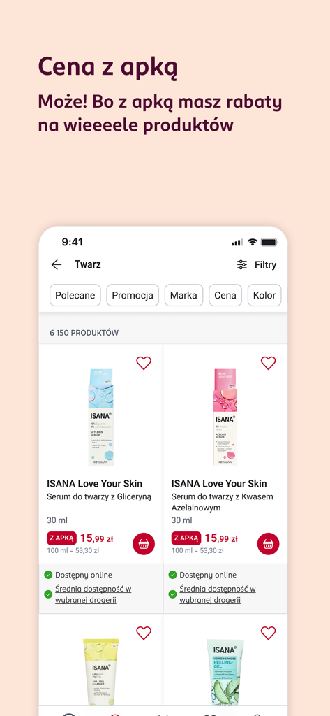Listado de productos de la app Rossmann PL para sérums faciales mostrando precios solo en la app