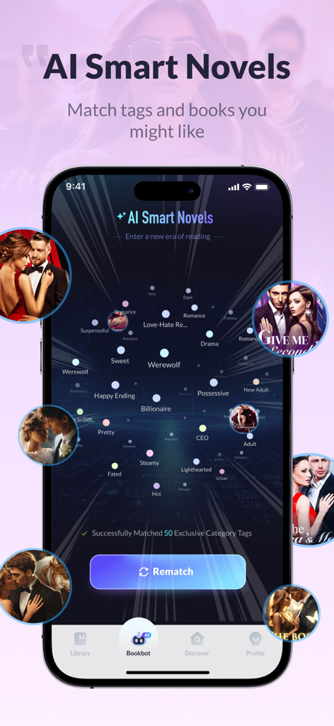 Novelaria - Read Book, Booktok - Novelariaアプリのスマートフォン画面。AI Bookbot のマッチングインターフェースを表示し、ロマンスとウェアウルフのジャンルタグが付いています。