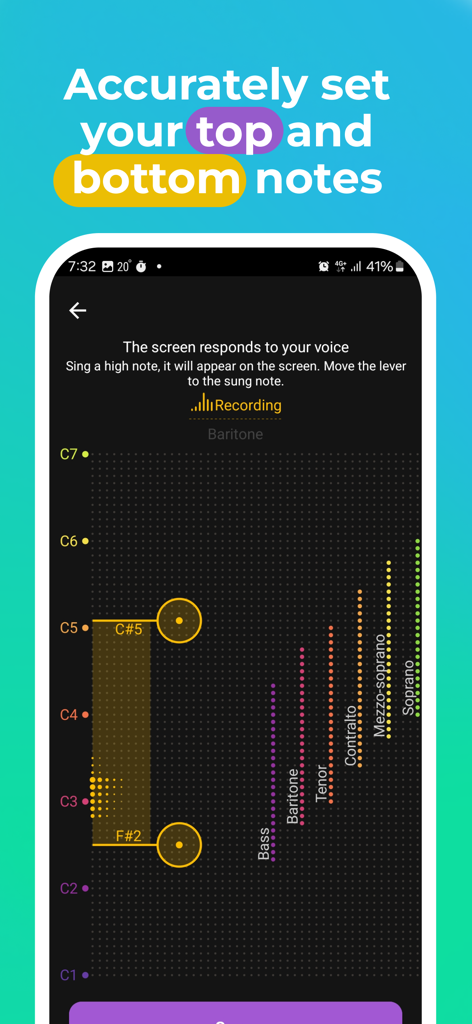 Mobile interface for setting top and bottom singing notes on a pitch detection chart