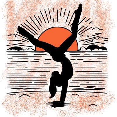 girl doing handstand infront of a sunset