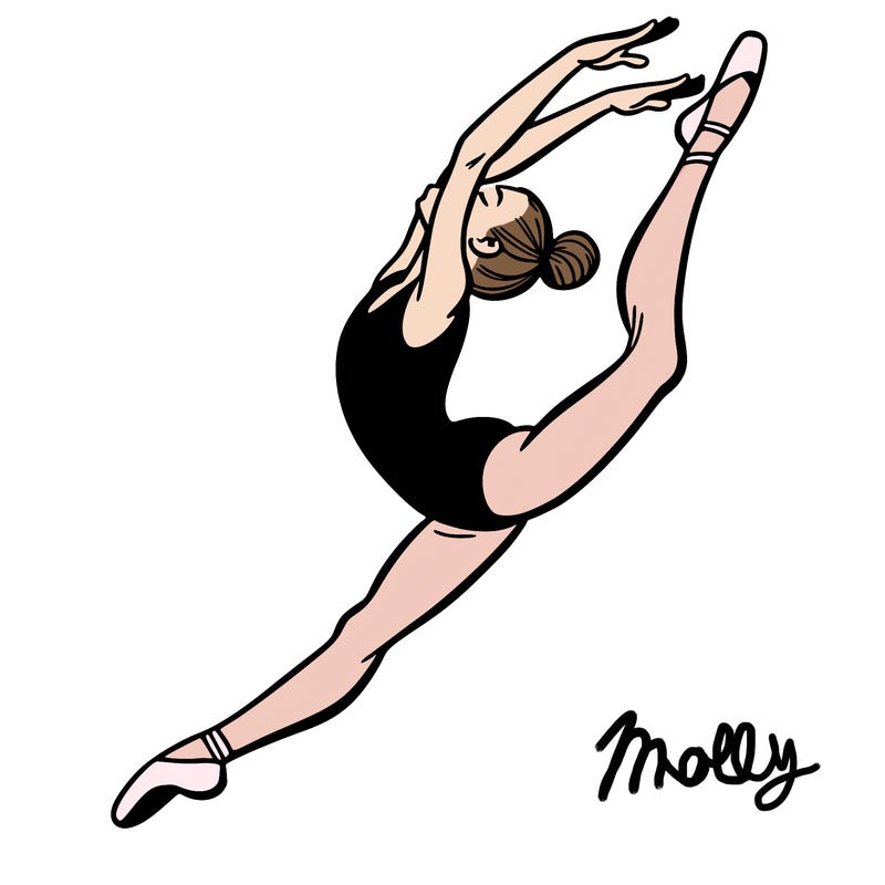 gymnast doing a leap in a leotard with a bent back leg