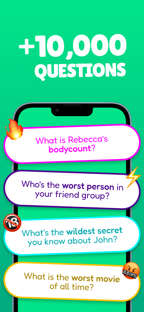 Insight - Play With Friends - Insightアプリのスクリーンショット。友達グループ向けの多様なパーティーゲームの質問が表示されます。