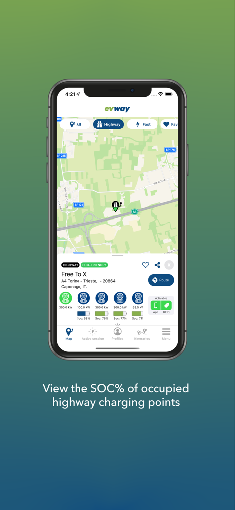 evway - Car Navigator eMX - Map view in evway app showing the state of charge for occupied highway charging points