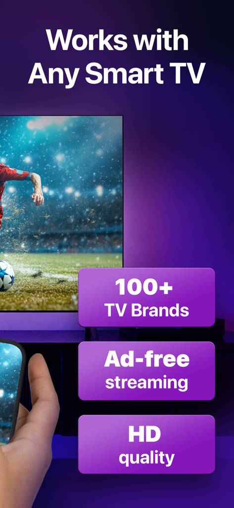 Ein iPhone-Bildschirm wird auf einen großen Smart-TV gespiegelt, der ein Fußballspiel in hochauflösender Qualität zeigt