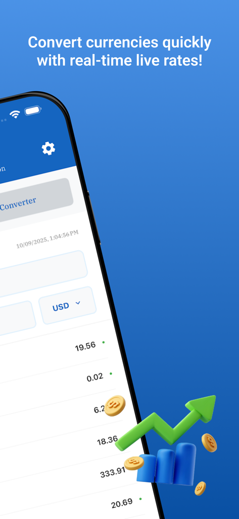 ForexCalculator app interface displaying real-time live currency exchange rates on an iPhone.
