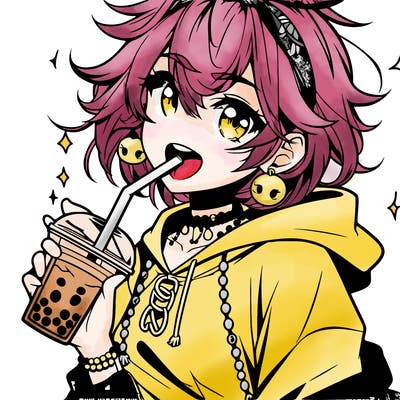 hot baddie anime girl drinking boba and biting the straw
