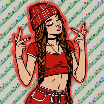 realistic teenage girl with braids and a beanie and crop top doing 🫶🏼