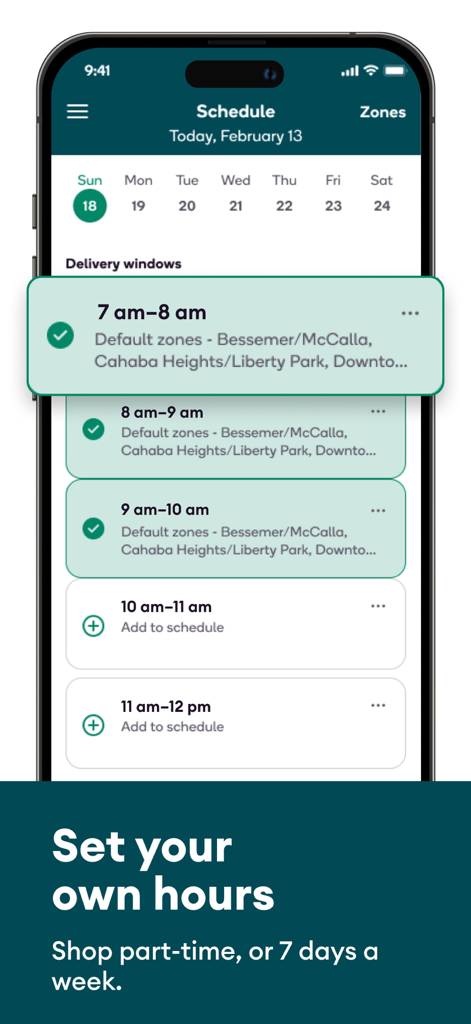 Shipt: Shopper and Driver - A tela de agenda do aplicativo de comprador Shipt permitindo que os usuários selecionem janelas de entrega horárias e definam seus próprios horários de trabalho.