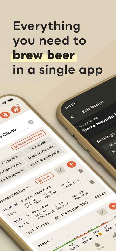 Interfaz de la aplicación Brewer's Friend que muestra una receta casera detallada con ingredientes como maltas y lúpulos en un dispositivo móvil.