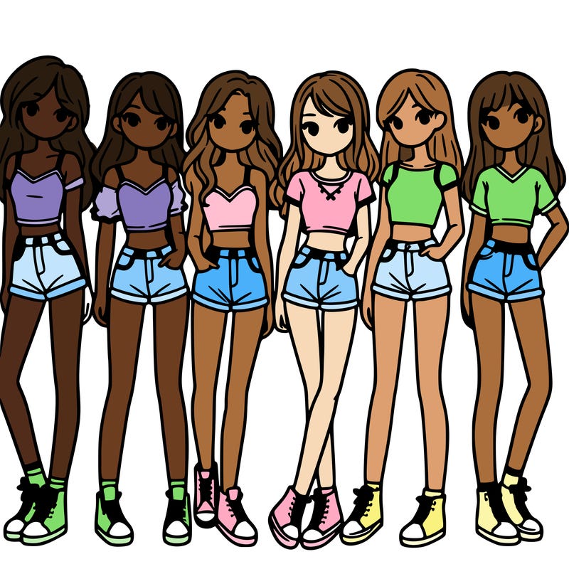 a group of girls wearing crop tops and shorts