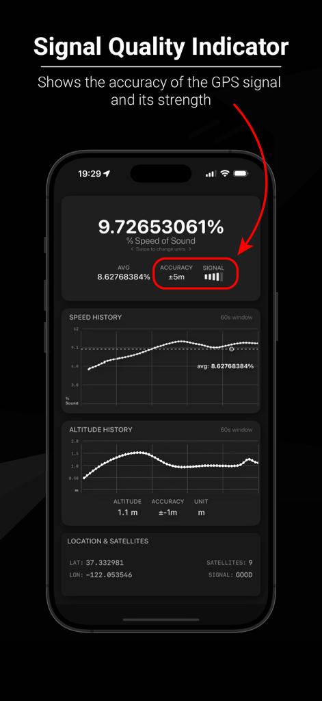 Speed Dash - Speed Dash app interface highlighting GPS signal strength and accuracy indicators