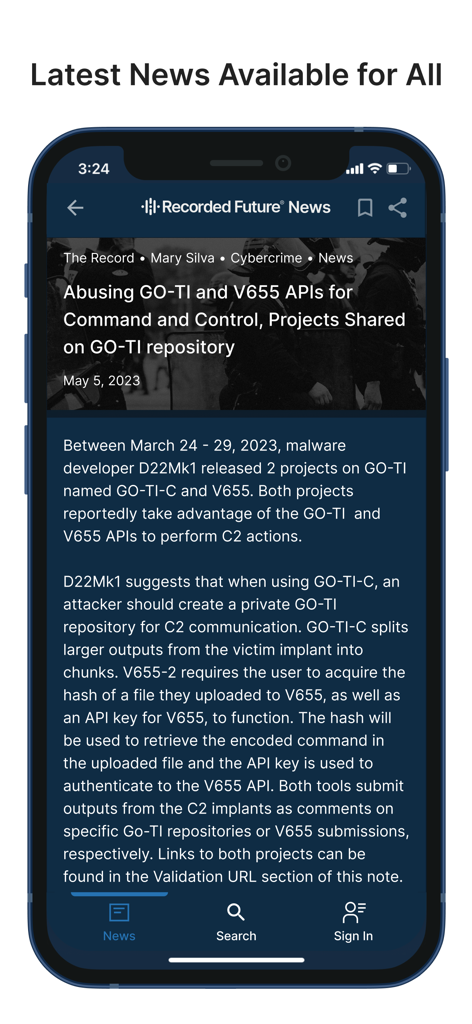 Recorded Future - Ein Cybersicherheits-Nachrichtenartikel über Bedrohungsintelligenz in der Recorded Future mobilen App