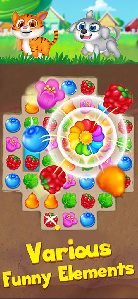 Gameplay screenshot of Fruit Crush showing various colorful fruit elements and a rainbow flower blast with cute cartoon cat and dog characters
