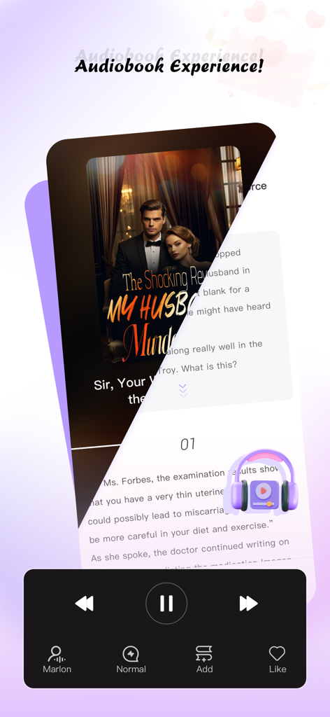 NovelShort app audiobook interface featuring playback controls and a romance novel cover
