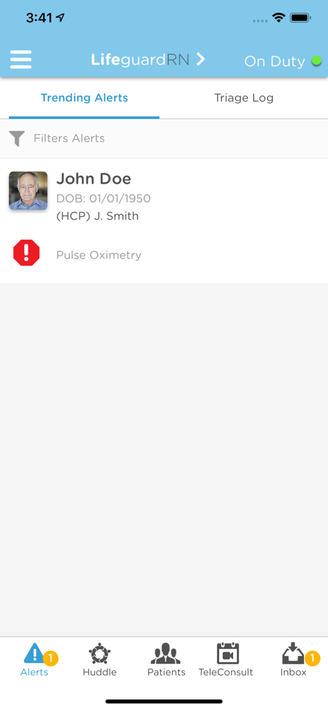 LifeguardHCP app trending alerts screen displaying a pulse oximetry notification for a patient