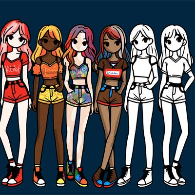 a group of girls wearing crop tops and shorts
