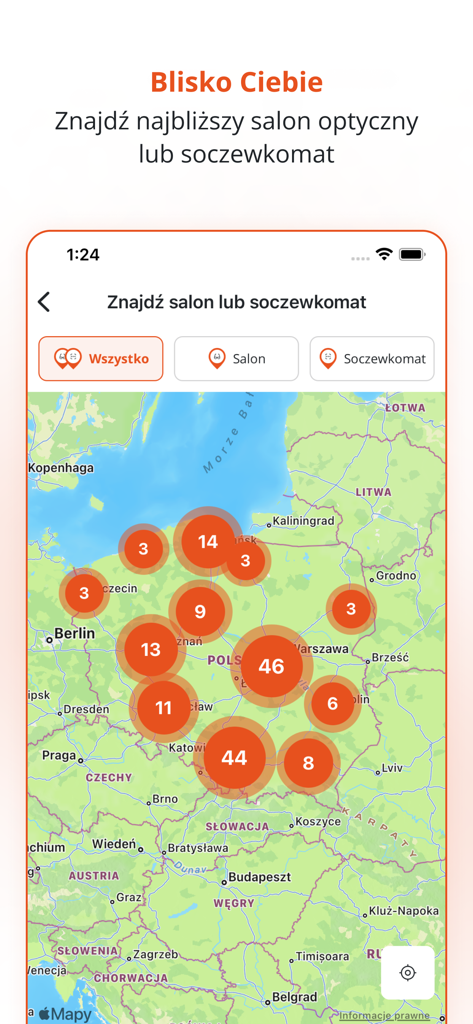 KODANO - Map view in the KODANO app showing clusters of optical stores and contact lens vending machine locations