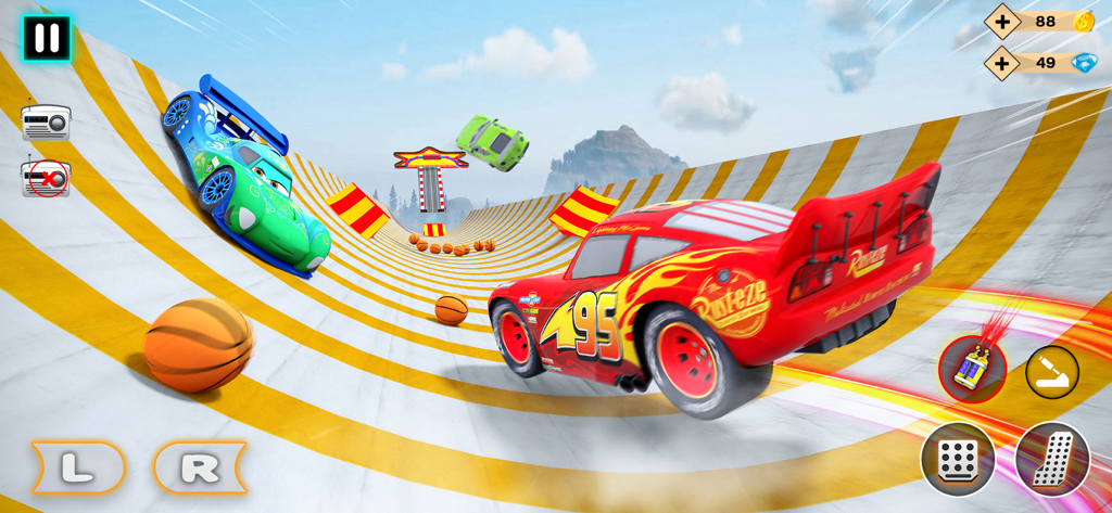 Real Stock Car Racing Stunts - Stock car rojo realizando acrobacias a alta velocidad en una pista de carreras curva en 3D.